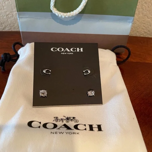 New Coach Signature C & Crystal Stud Earrings - Picture 2 of 5